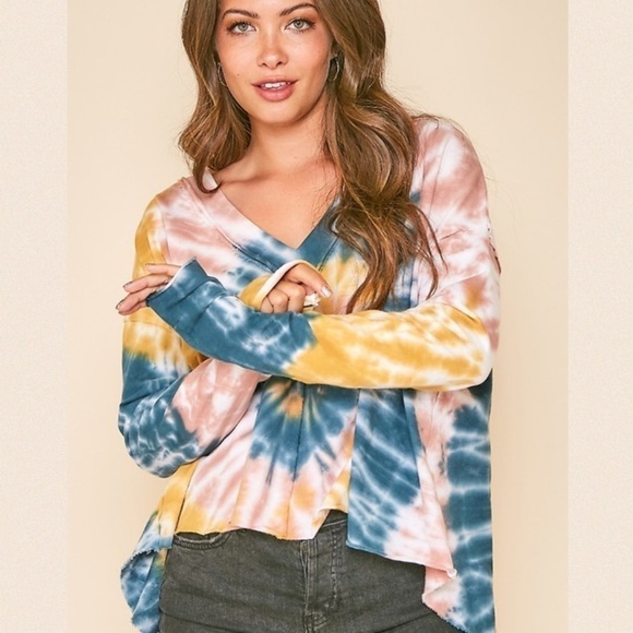 Dusty Pink, Teal & Mustard Tie Dye V-Neck Top - Picture 1 of 16